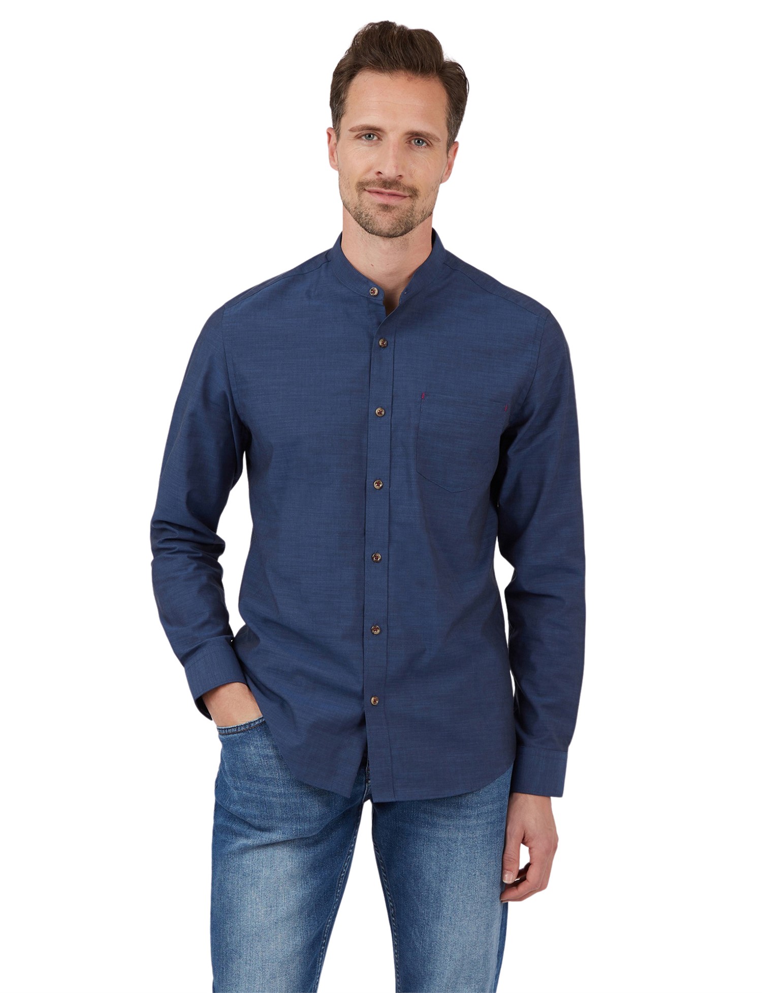 Dark Blue Slub Grandad Collar Shirt 