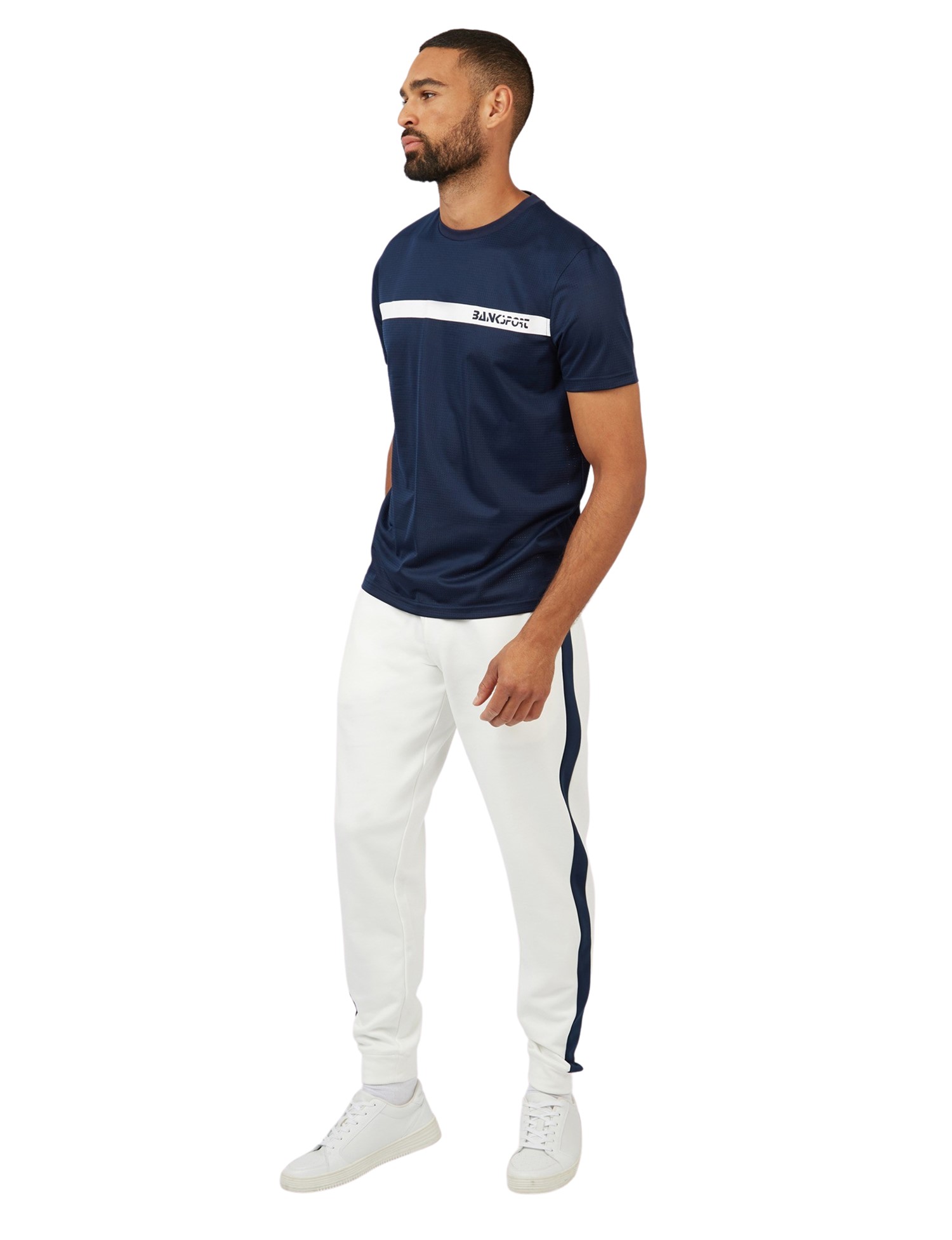 Navy blue joggers with white stripe on sale