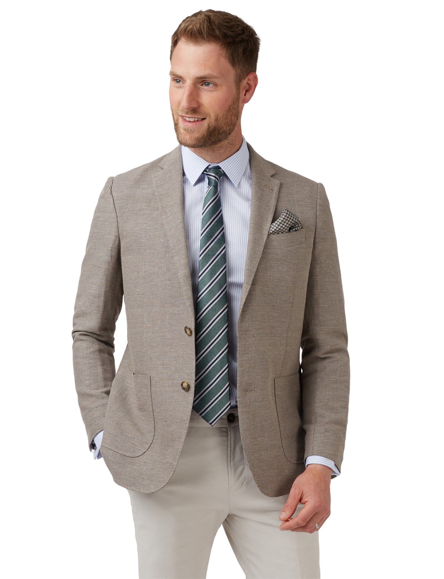 gray and white pinstripe suit