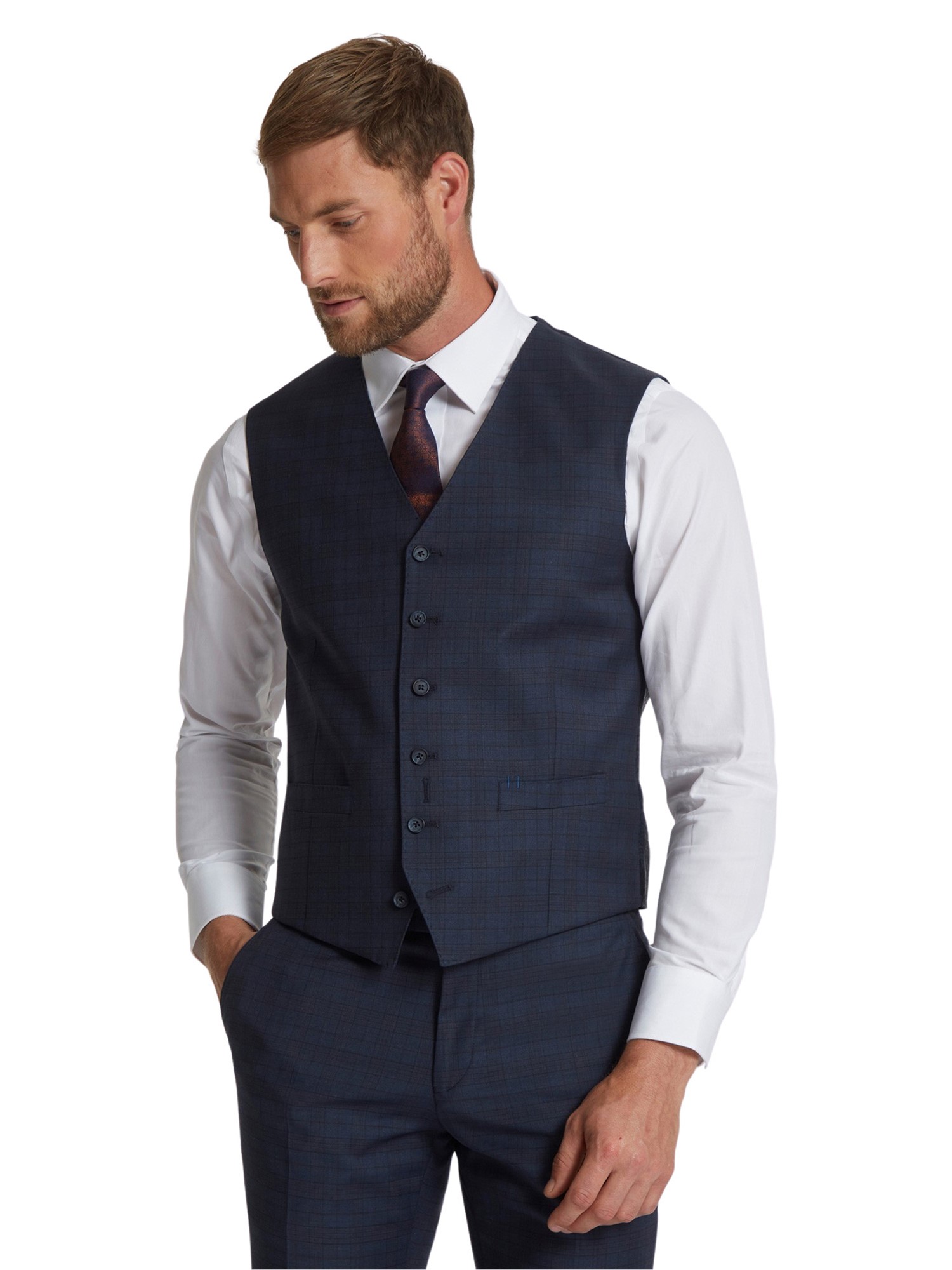 Jeff Banks Blue Check Soho Waistcoat 42R Blue